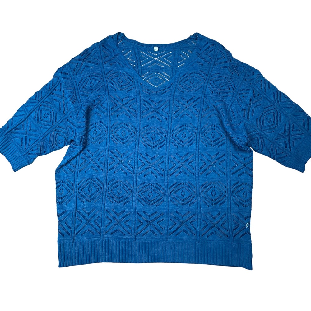 Womens Teal Blue Short Sleeve V-Neck Pointelle Knit Crochet Sweater Top Large